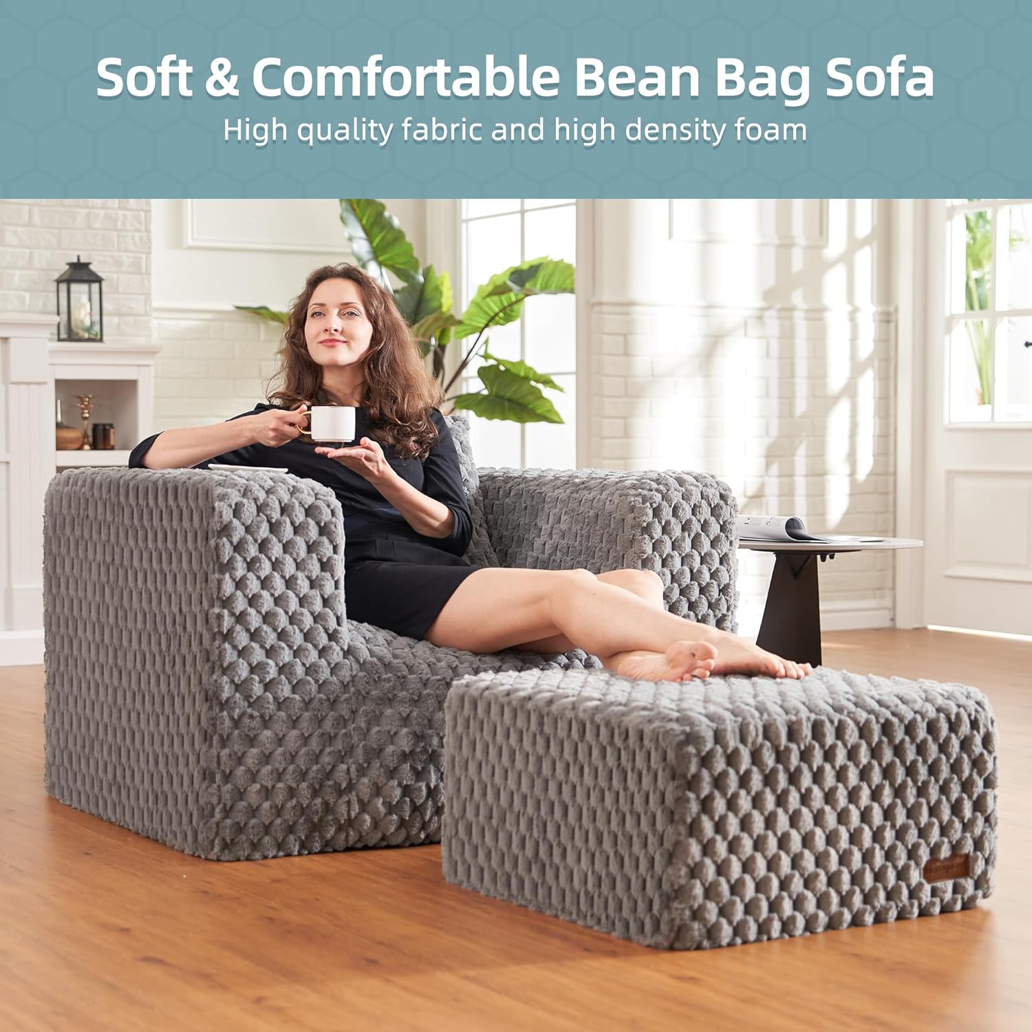 Sanjoy Bean Bag Chair with Pillow and Footstools