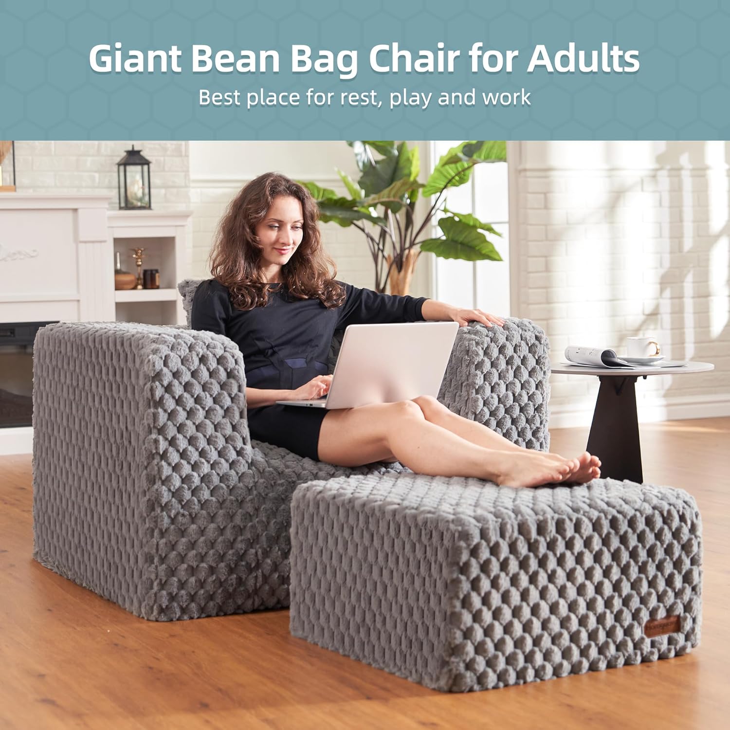 Sanjoy Bean Bag Chair with Pillow and Footstools